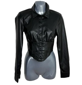 Stradivarius Faux Leather Shirt Women’s UK Size S Collared Cropped Black - Picture 1 of 7