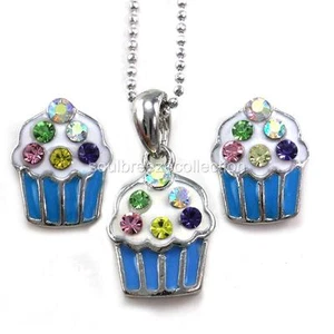 Blue White Cupcake Birthday Charm Pendant Necklace Stud Post Enamel Earrings Set - Picture 1 of 1