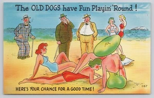 Alte Hunde haben Spaß beim Spielen um Männer am Strand mit hübschen Damen Comic Postkarte - Bild 1 von 2