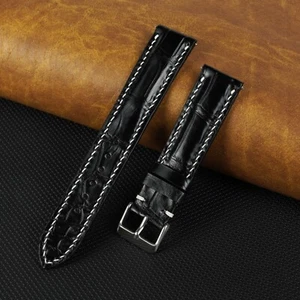 Black Mens Watch Band Crocodile Leather Watch Strap Hand Stitching Men - Picture 1 of 11