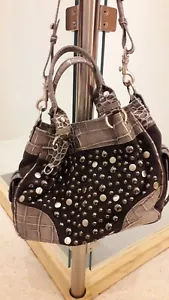 Russell & Bromley mocha suede & leather handbag. Snakeskin pattern. Stud detail. - Picture 1 of 8
