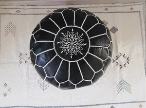 Moroccan Leather Ottoman Pouffe Pouf Footstool In Mid Tan Handmade Leather Black - Picture 1 of 11