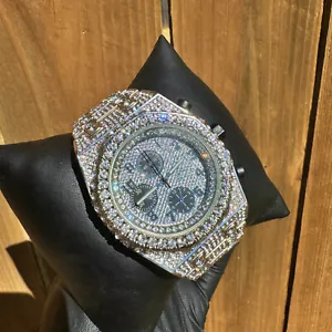 Men's Icy Out Iced Silver Simulated Diamond Bracelet Metal Dress Watch - Picture 1 of 5