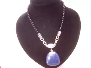VINTAGE-Solid Silver-superb-genuine onyx &lapiz lazuli necklace-designer-17.5" - Picture 1 of 17