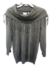 Kim Rogers Sweater Women's Size PM Pullover top Grey w/fringe - Picture 1 of 5