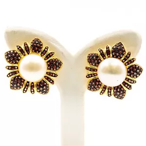 1.80ctNatural Real Red Sapphire and Pearl Stud Earring 925 Sliver in Gold Plated - Picture 1 of 8