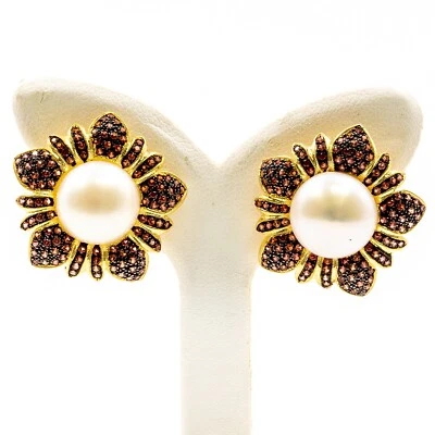 1.80ctNatural Real Red Sapphire and Pearl Stud Earring 925 Sliver in Gold Plated - Image 1 of 4