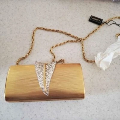 Vintage Rodo Italy Gold Metal Rhinestone Crystal Evening Purse Clutch Shoulder  - Image 1 of 4