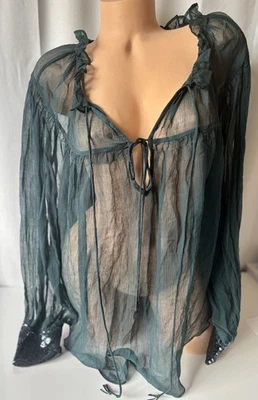 Blusa Free People Verde Bosque Transparente Festiva Transparente Lentejuelas Detalle Muñeca Med Nueva con Etiquetas Foto 1 de 4