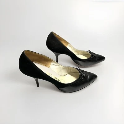 Vintage Women’s QuailCraft Pointed Toe Pumps Heels Black Leather/Suede Bow 8 AA - Image 1 of 4