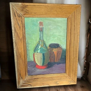 Vintage Oil Painting Still Life Bottle & Jug on Canvas Wood Frame Rustic - Picture 1 of 10