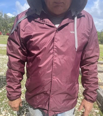 VANS Large Riley Hooded Coaches Jacket Burgundy Hoodie Fleece Lined Gray Hood - Image 1 of 4