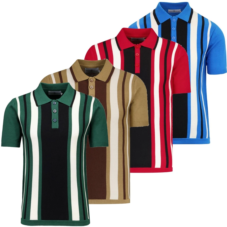 NEW MADCAP ENGLAND MOD RETRO 50s 60s 70s MENS STRIPE KNITTED POLO FOLKLORE MC421 - Image 1 of 1