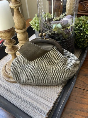 Bolso de Mano Roger Van S. Kiss Lock Marrón Tweed/Lana Gamuza Correa De Colección Años 60 RARO Foto 1 de 4