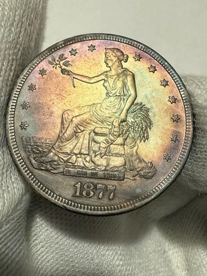Moneda de plata antigua de Estados Unidos 1877-S Trade $1 dólar elección brillante AU + tonificada Foto 1 de 2