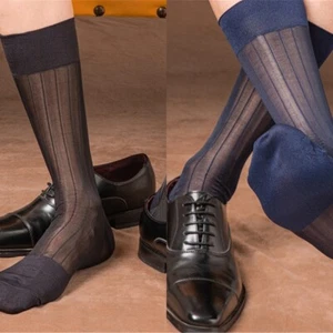 Mens Business Formal Thin Nylon Dress Socks Sheer Ribs Striped Middle Calf Socks - Picture 1 of 10