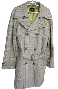 SIR JAC 60's 70's VTG Men’s Plaid Size 42 Wool Coat W/Belt, Satin Lined Jacket - Picture 1 of 16