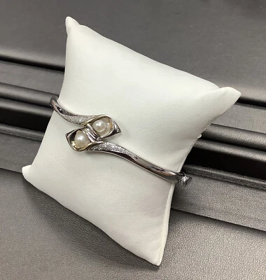 STERLING SILVER & 14KY GOLD, DIAMOND ACCENT, PEARL BANGLE  BRACELET 20.8 Grams - Image 1 of 4