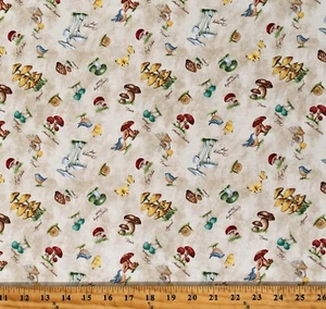 Cotton Mushrooms Snails Birds Forest Woodland Tan Fabric Print by Yard D776.79 - Picture 1 of 1