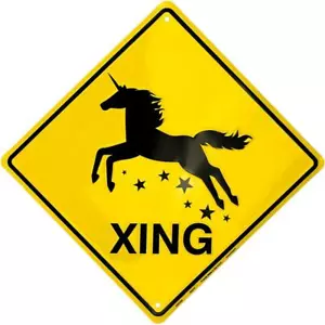 Insegna Unicorno Crossing Xing 12" Alluminio Metallo Fantastica Magica Decorazione Goffrata - Foto 1 di 2