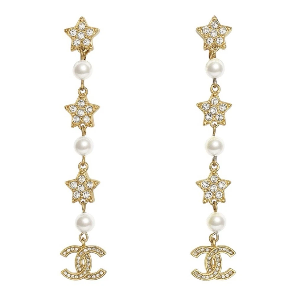 Chanel Dangle Gold Star Pearl Drop Dangle Earrings. - Image 1 of 4