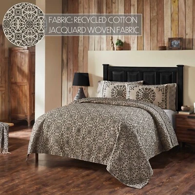 Custom House Black Tan Jacquard Queen Coverlet 94x94 Cotton Medallion VHC Brands - Image 1 of 4