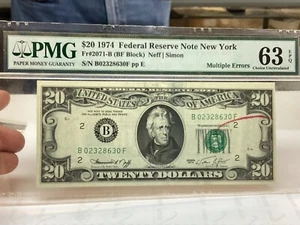 $20 1974 PMG 63 EPQ Multiple Errors Ink Smear And BEP Rejection Mark Fr#2071-B - Picture 1 of 6