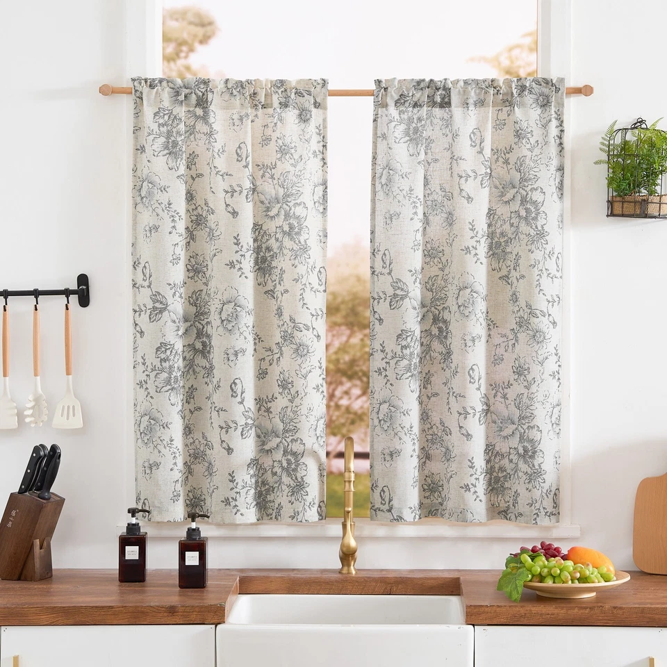 2 Paneles Lino Cortinas de Cocina Cortinas Florales Nivel Granja Cortinas Botánicas Foto 1 de 4