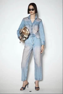 ZARA PINK DYED DENIM JUMPSUIT M 6147/188 NWT $90 Faded Blue Long Sleeve - Picture 1 of 8