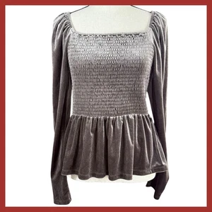 GAP Velvet Smocked Peplum Top Square Neck Long Sleeve Brown Noir Size M - Picture 1 of 16