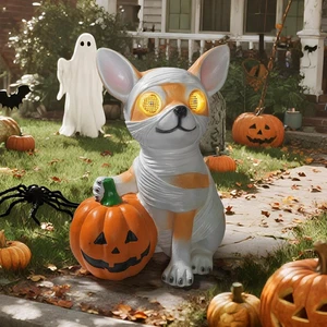 Decorazioni Halloween, Statua Cane Halloween che tiene la Zucca, con Rotazione 360° G - Foto 1 di 7