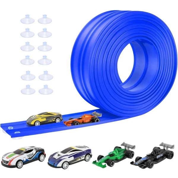 VIGOEXPRESS Flexible Autorennbahn 5m mit 4 Autos & 12 Saugnäpfen – Rennbahn Kinder 3+