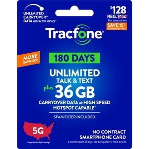 Tracfone 128 $ appels et textos illimités, 36 Go de données / 180 jours (carte physique) - Photo 1/5