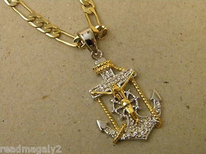 Men's 2 Tone Gold Rhodium Plated 24in Figaro Chain CZ Anchor Charm Set 4mm Wide - Picture 1 of 5