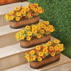 Set of 3 Rustic Long Wooden Barrel Style Flower Planters with Drainage Holes - Picture 1 of 2