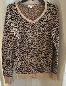 Merona Womens Cardigan Large Retro Leopard Cotton Button Mob Wife Office 17035 - Picture 1 of 8