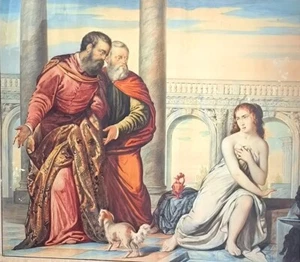 Italienisches Gouache-Gemälde auf Papier um 800 "SUSANNA und die Alten im Tempel" - Bild 1 von 9