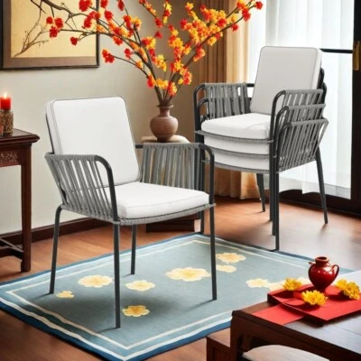 Dining Chairs Set of 4 Wicker Rattan Woven Outdoor Patio Chair Armchair Backyard - Image 1 of 4