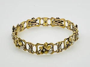 Art Nouveau 14K Yellow Gold Diamond Pearl Bracelet 7 1/8” Ladies Estate Piece - Picture 1 of 5