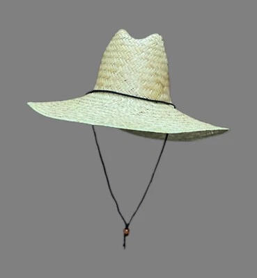 Sun Beach Fishing Cowboy Straw Hat Unisex - Wide Brim Drawstring One Size Tan - Image 1 of 3