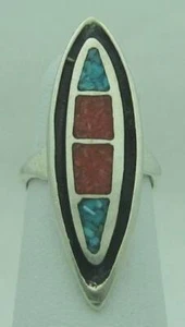 STUNNING LONG SOUTHWESTERN ESTATE TURQUOISE & CORAL STERLING SILVER RING, SZ 2.5 - Picture 1 of 5