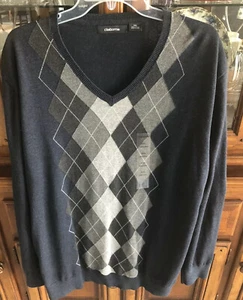 Argyle Sweater V-Neck Liz Claiborne Blue Heather, Grays & White XXL Cotton NEW - Picture 1 of 12