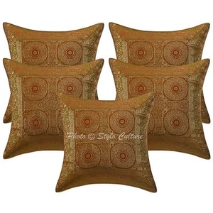 16" Silk Brocade Pillow Cases Cotton Indian Set Of 5 Jacquard Cushion Covers - Picture 1 of 3