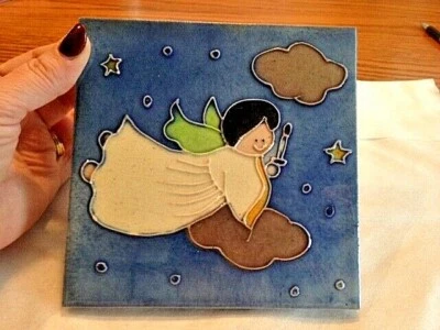 PRECIOSO ÁNGEL EN LA NOCHE AZULEJO DE CERÁMICA 6"X6" INDEPENDIENTE O DECORACIÓN DE PARED NAVIDAD Foto 1 de 2