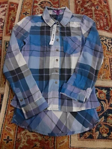 AQUA Girl's Violet & Blue Plaid Button Down Hi-Lo Hem Shirt, Size Small - Picture 1 of 2