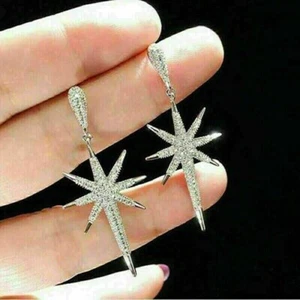 Round Cut Simulated Diamond Women's Snowflake Drop Earring 14K White Gold Plated - Picture 1 of 4