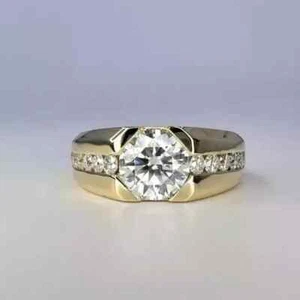 3Ct Round Cut Lab-Created Diamond 14K Yellow Gold Plated Beauty Men's Band Rings - Picture 1 of 3