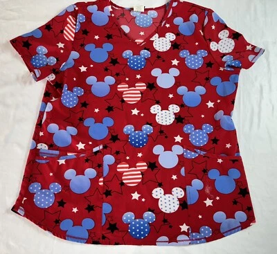Mickey Mouse Stretch Ethical Fabric Scrub Top - Size Large Ears Red - Image 1 of 3
