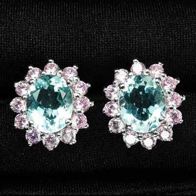 Velvety Sky Blue Aquamarine 4.65Ct 925 Sterling Silver White Gold Halo Earrings - Image 1 of 4