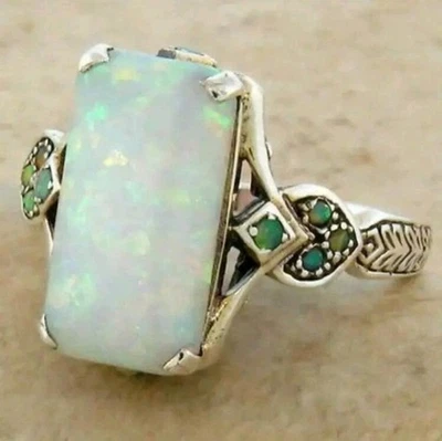 Silver-Plated Copper Opal Ring With Green Stones Size 7 - Image 1 of 3
